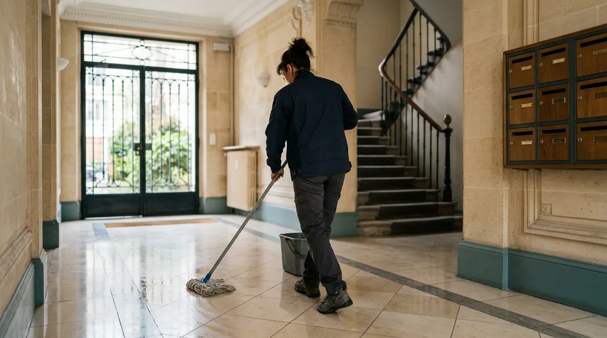 Un employé d'immeuble nettoie le sol du hall d'entrée d'une petite copropriété