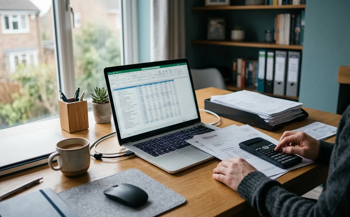 Un syndic bénévole tient la comptabilité de la copropriété avec un tableur et des relevés bancaires sur son bureau