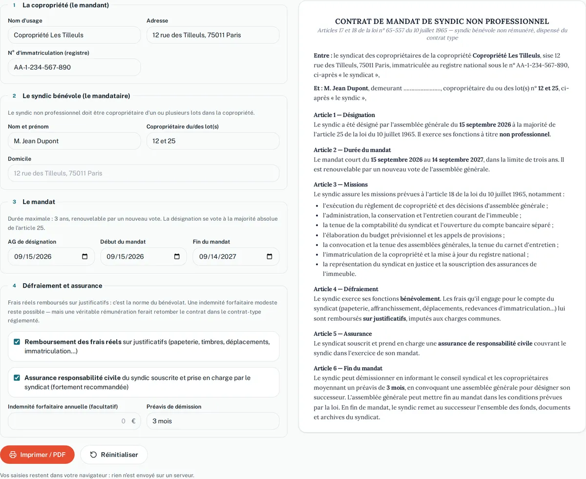 Le générateur de contrat de syndic bénévole annoté, avec un mandat rempli en exemple