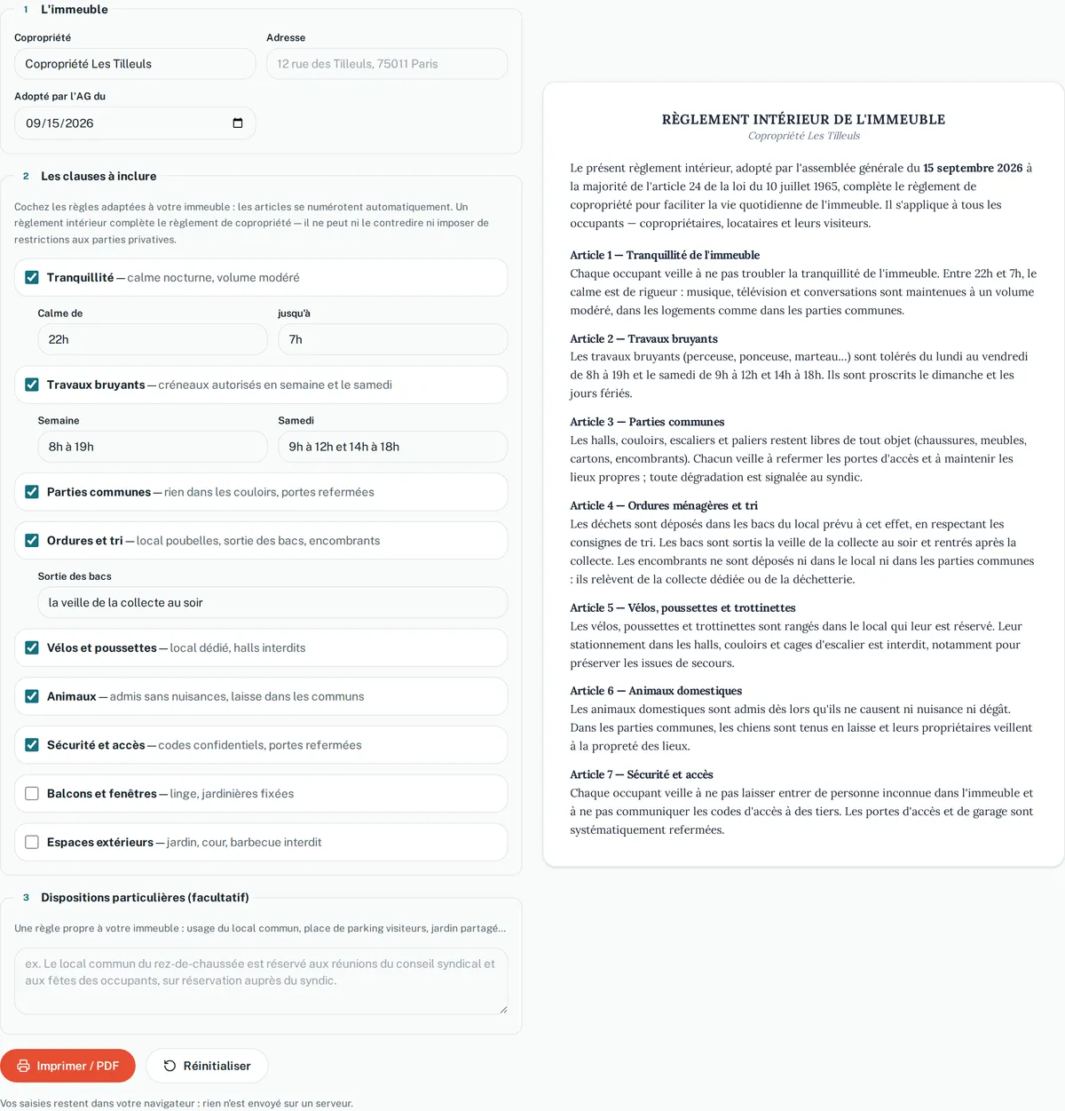 Le générateur de règlement intérieur annoté, avec sept clauses cochées